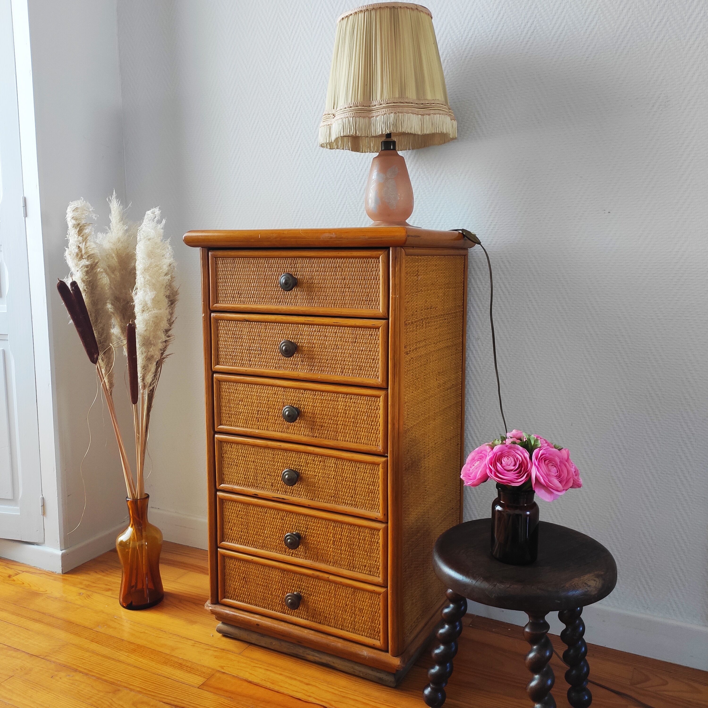 Vintage rattan rag chest of drawers