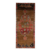 Tapis couloir vintage turc Oushak fait à la main en laine et coton marron 165x417