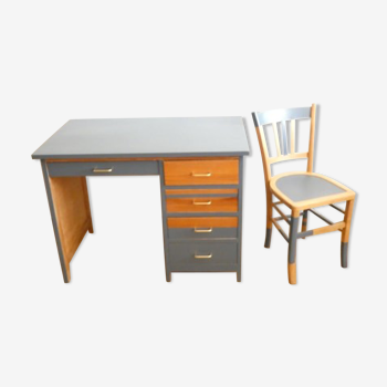 Bureau années 50 bleu nuit et sa chaise assortie