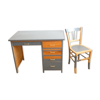 Bureau années 50 bleu nuit et sa chaise assortie