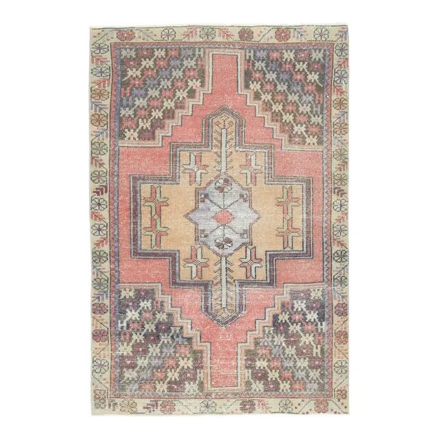 Vintage Turkish Oushak handmade wool cotton pink area rug 106x167