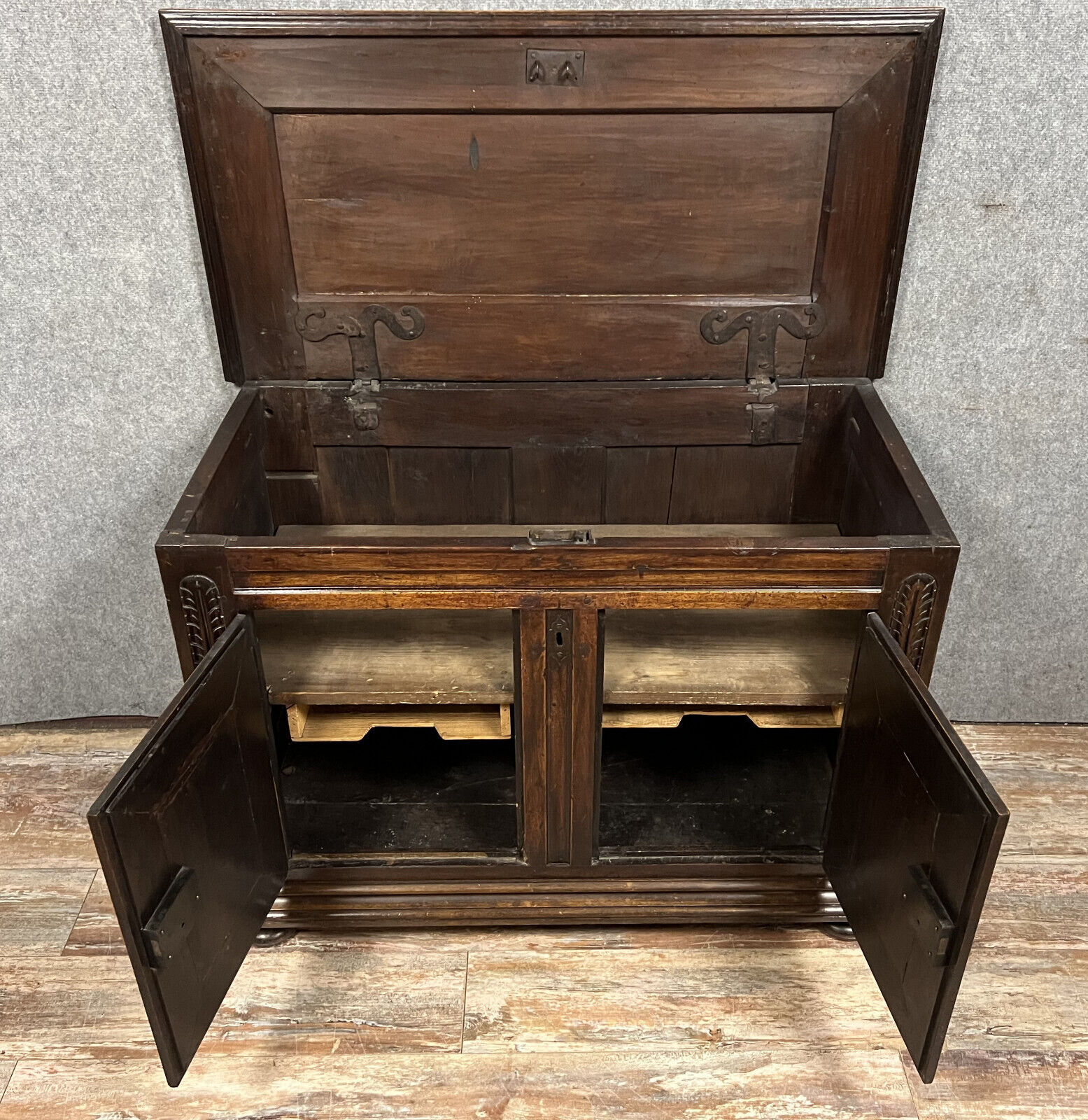 Sideboard has function as a Louis XIV period chest in solid walnut
