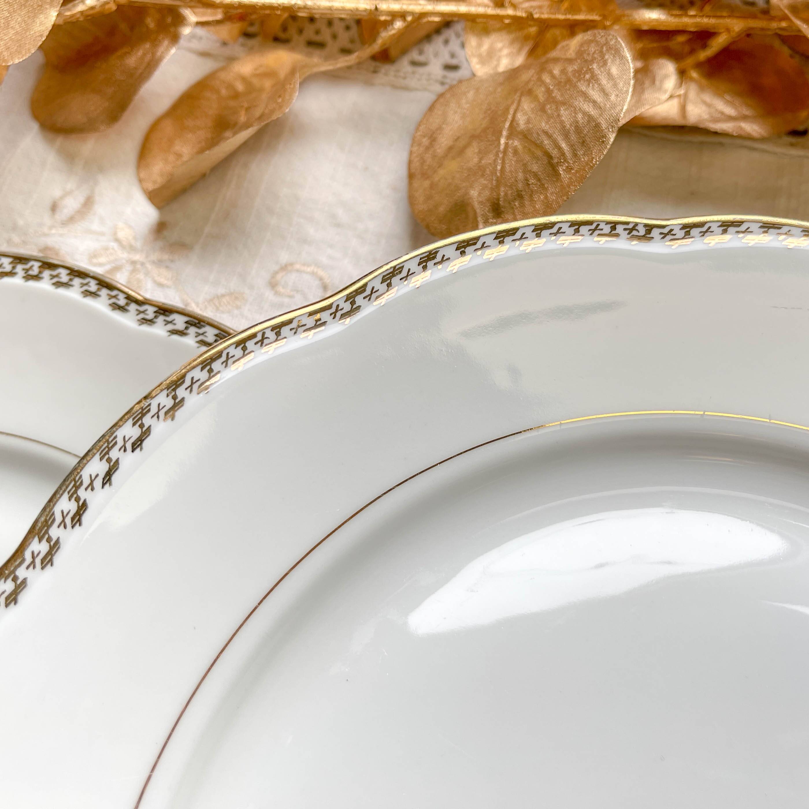 7 Vintage White and Gold Porcelain SPF Dinner Plates – Geometric