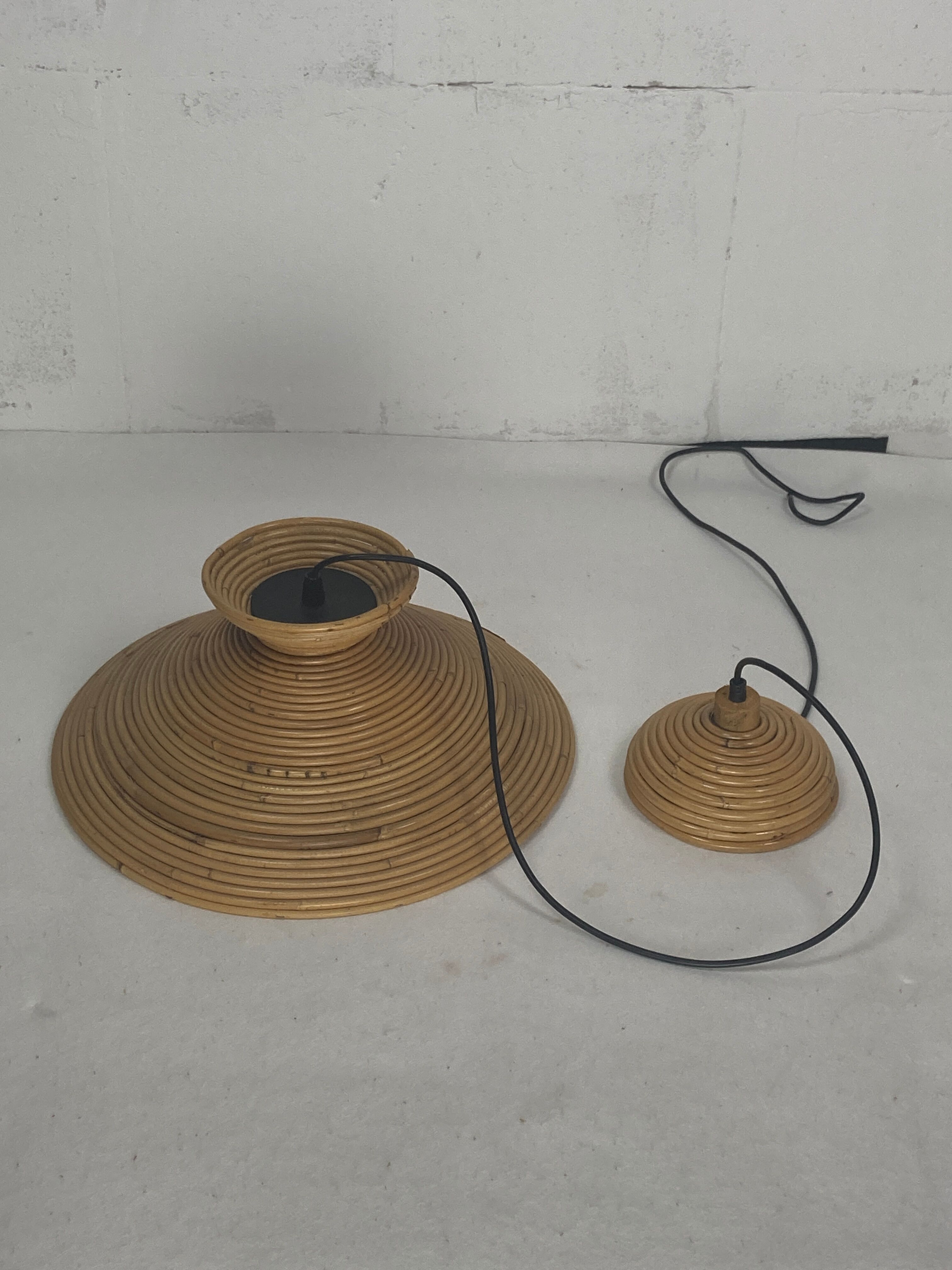 Pencil Split Reed Rattan Bamboo Pendant Lamp, Italy 1970s