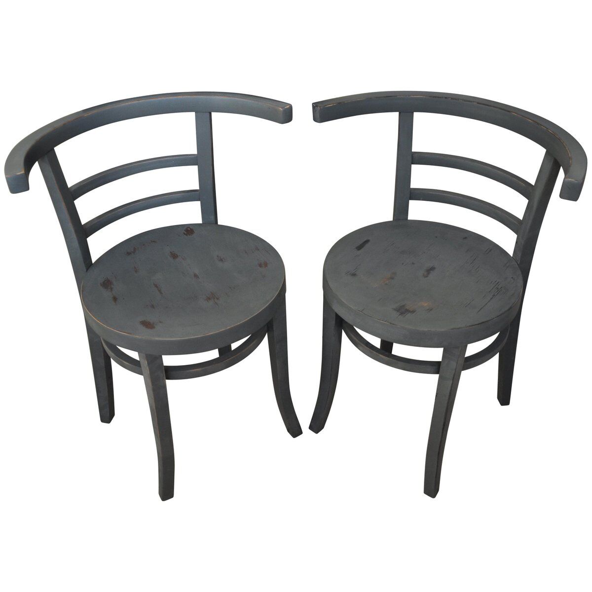 Pair of Thonet bistro chairs from 1930 in painted grey wood, half-moon backrest.