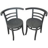 Pair of Thonet bistro chairs from 1930 in painted grey wood, half-moon backrest.