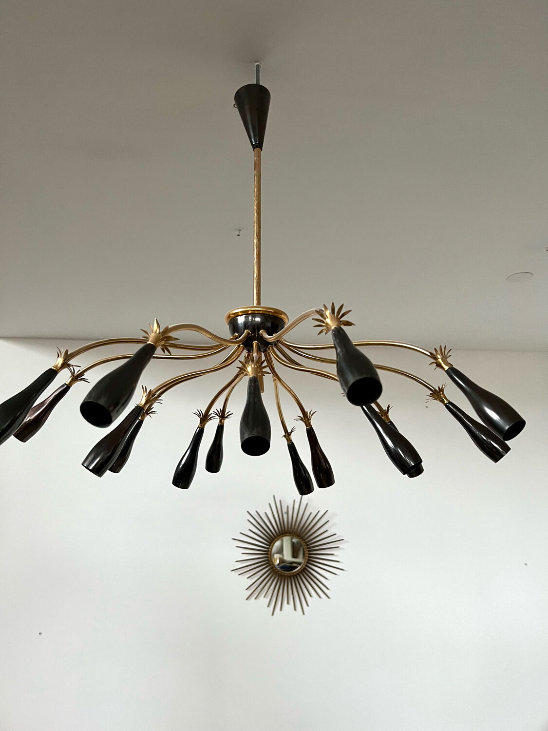 Old spider chandelier Italian metal, vintage Sputnik lamp 15 lights