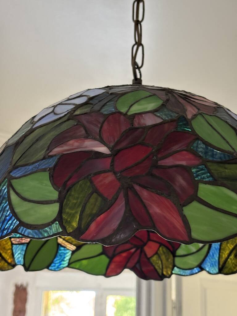 Tiffany-style floral stained glass pendant light in brass D40cm