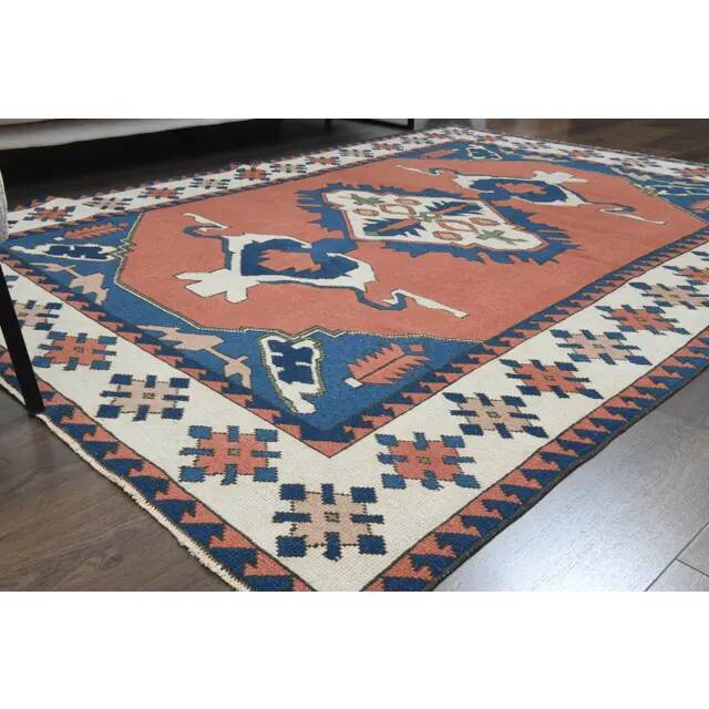 1970s Vintage Turkish Handmade Wool & Cotton Orange Area Rug 178x236