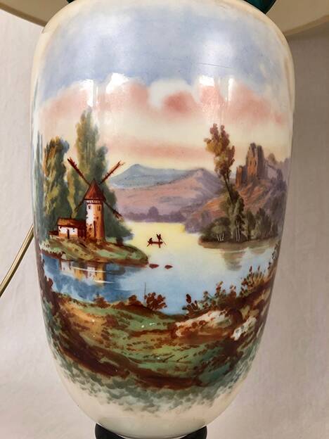 Large pair of 19th century polychrome porcelain vases decorated with landscapes, mounted as lamps
