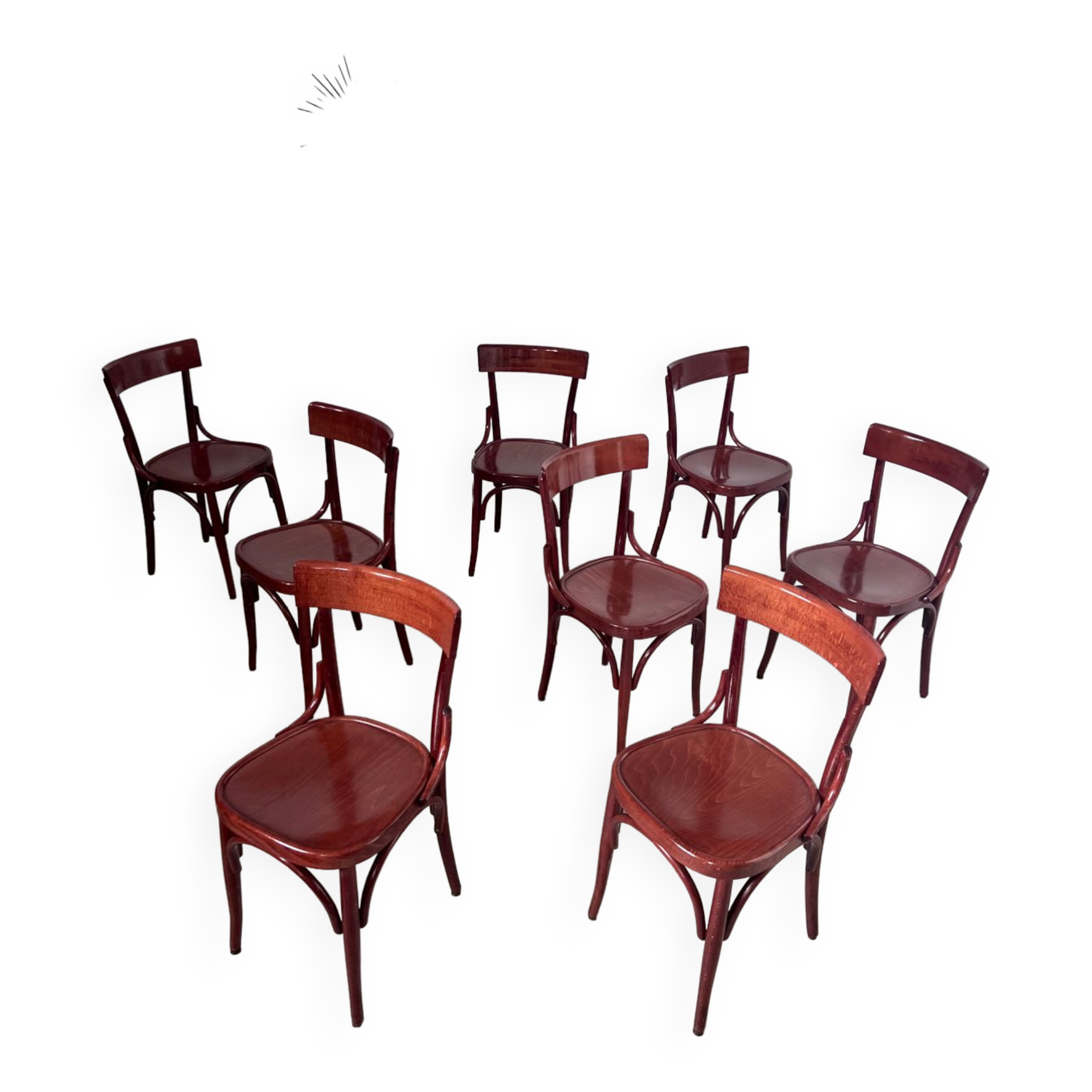 Set of 8 vintage 70s curved varnished wood bistro chairs