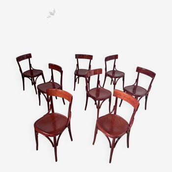 Lot de 8 chaises de bistrot bois vernis courbé années 70 vintage