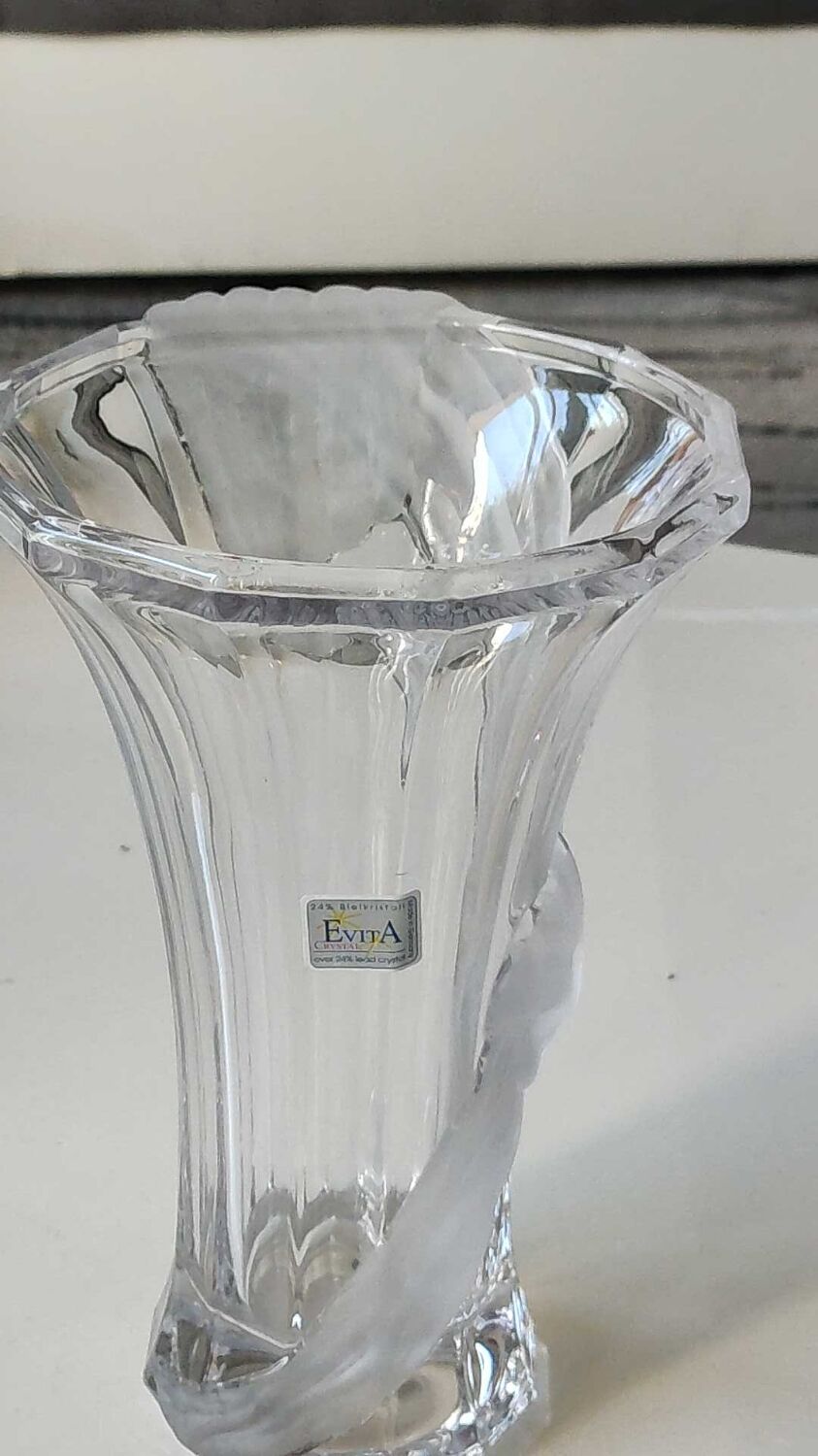 Vintage Multifaceted Crystal Vase, Frosted Draped Bow, col. Opaque white, Evita Crystal, Germany