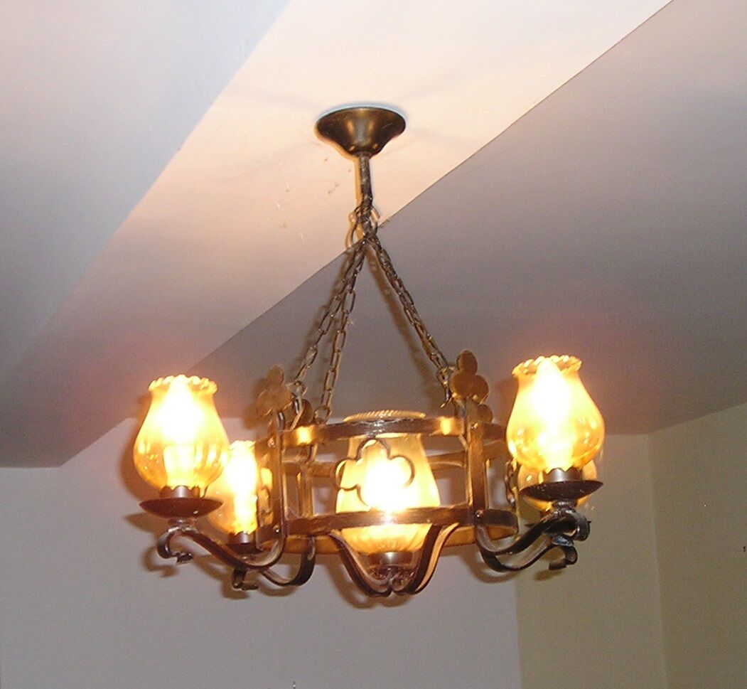 Chandelier and its 2 wrought iron sconces 1960