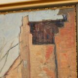 Original European oil on panel – construction scene