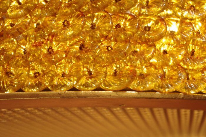 Hanging lamp in gilded iron and tassels of colored glass circa 1950