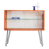 Teak display cabinet with black hairpin legs.