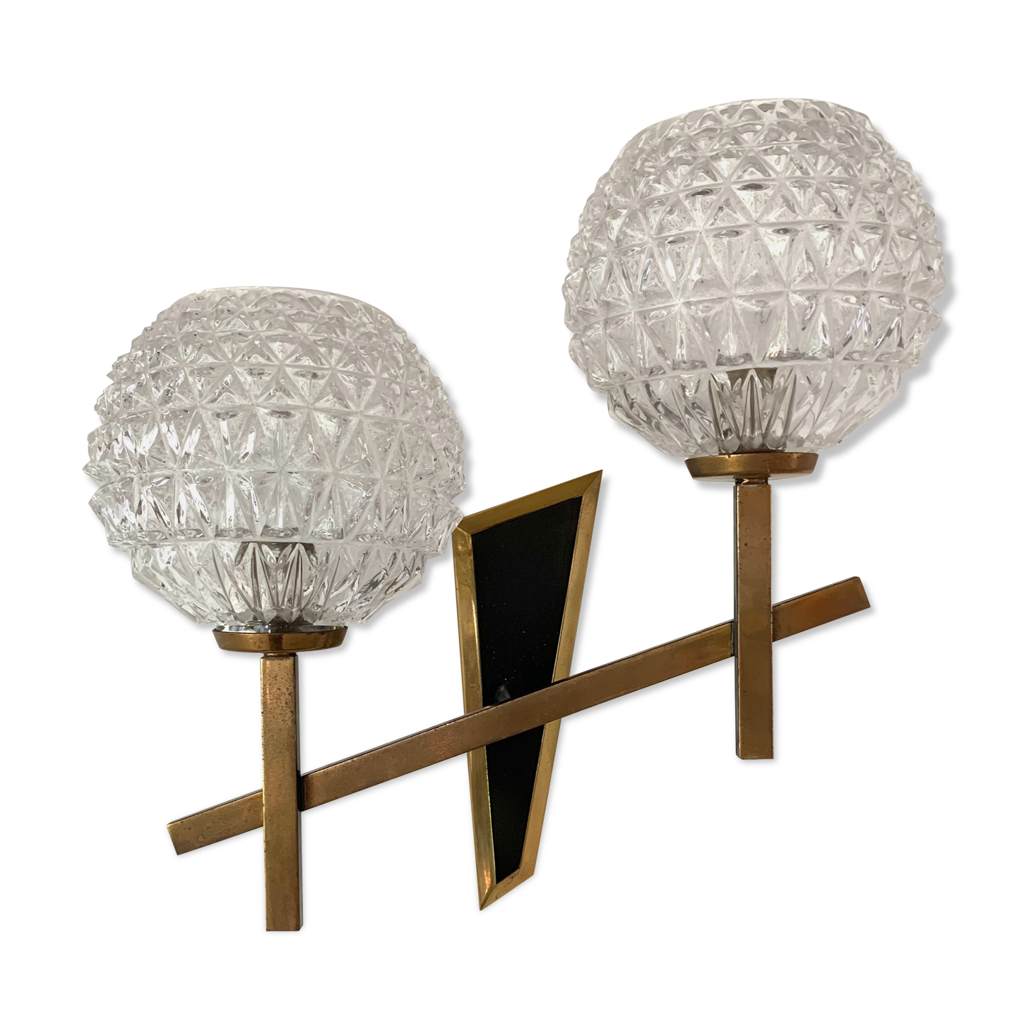 Vintage brass double wall lamp and diamond glass globe
