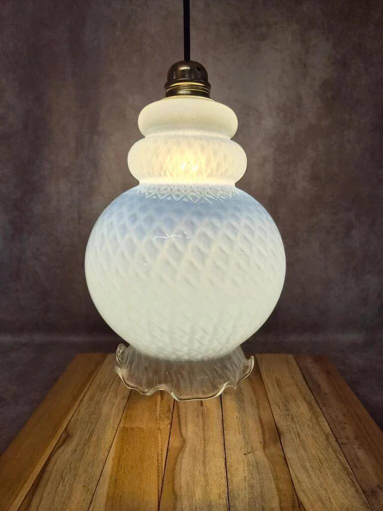Vintage lampshade in light blue opaline glass – textured milky glass