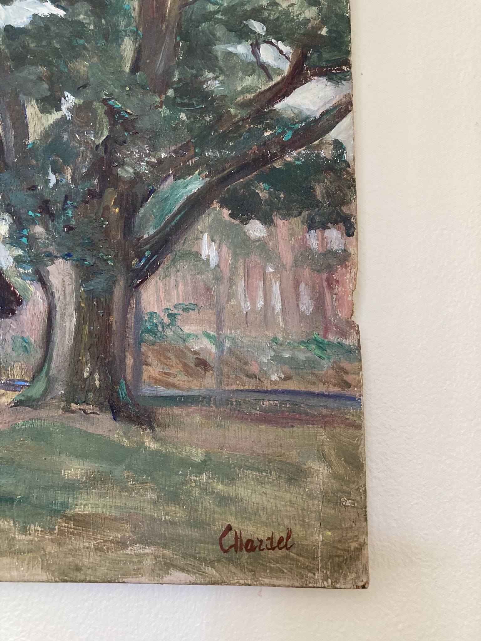 Oil on wood panel, old painting signed representing a tree and a bread oven of the Landes