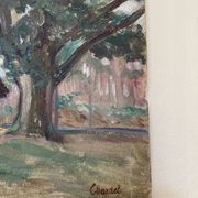 Oil on wood panel, old painting signed representing a tree and a bread oven of the Landes