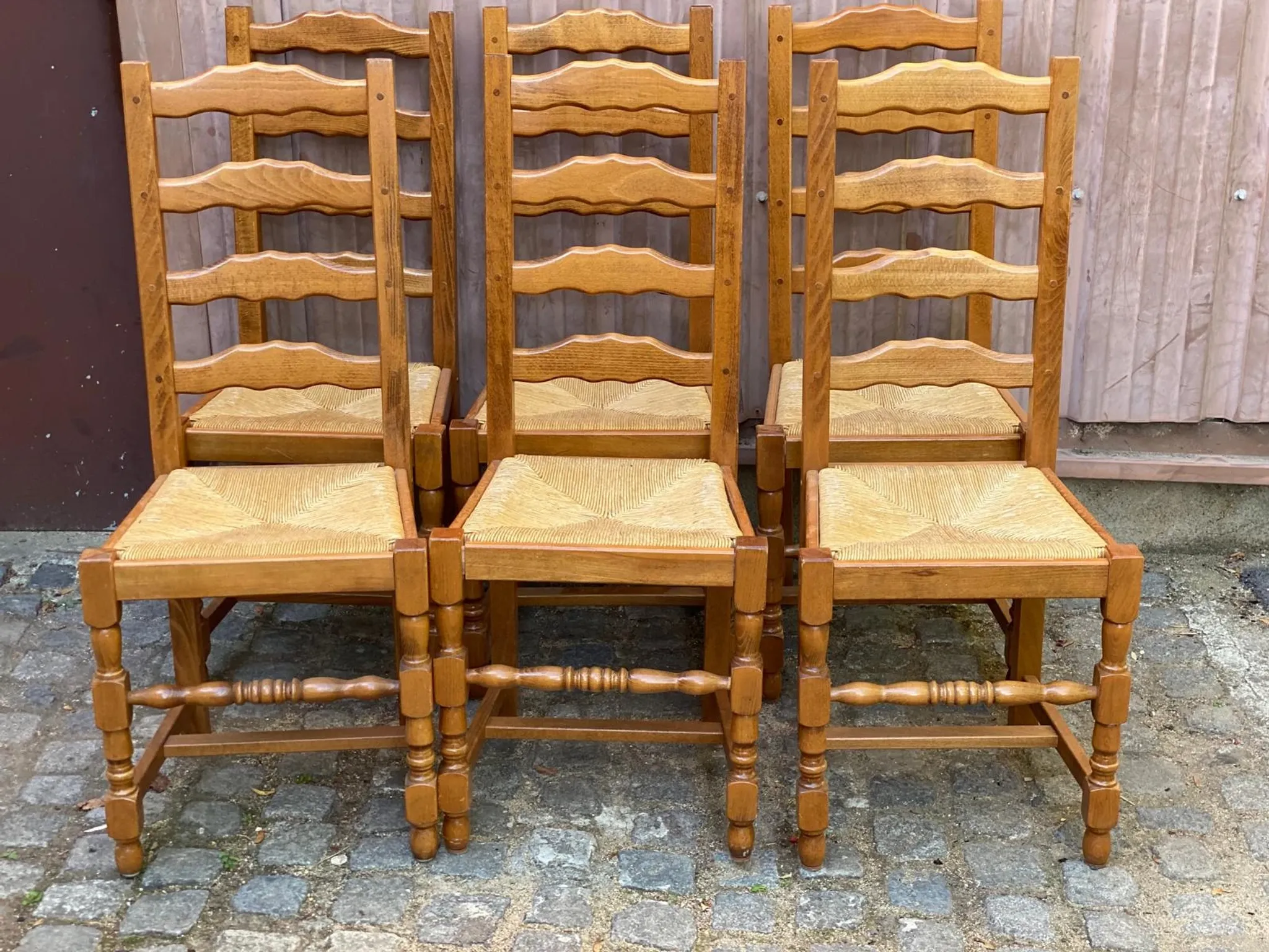 6 Rustic Oak and Straw Chairs — 1970s Country Style