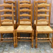 6 Rustic Oak and Straw Chairs — 1970s Country Style