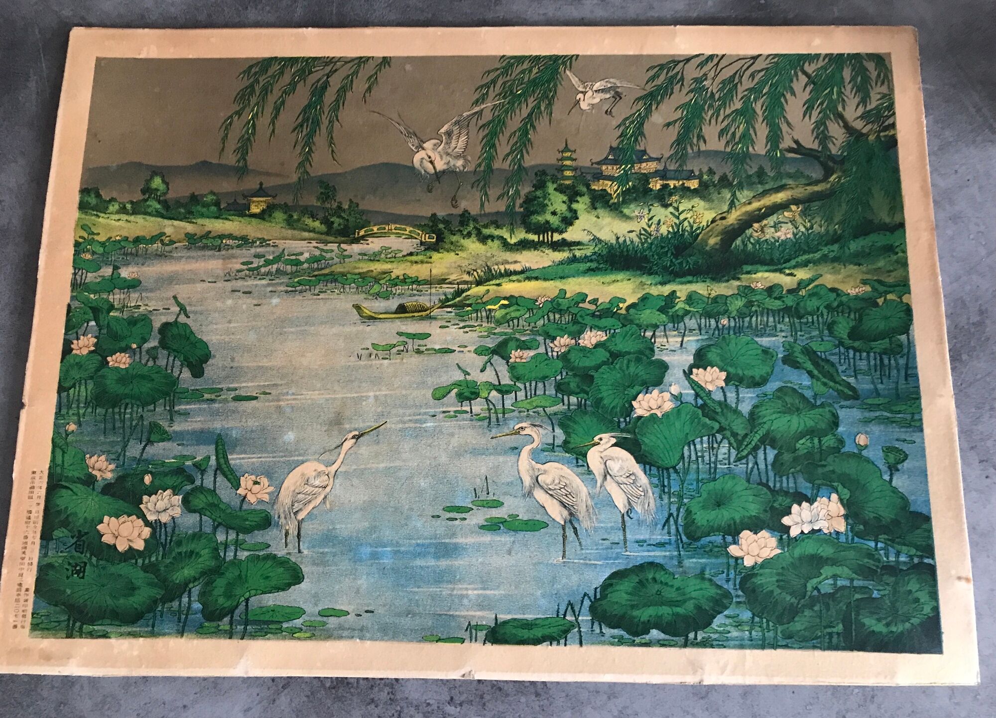Ancient ESTAMPE of ASIA with Polychrome Decoration of Natural Landscape and Herons, XIXth