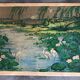 Ancient ESTAMPE of ASIA with Polychrome Decoration of Natural Landscape and Herons, XIXth