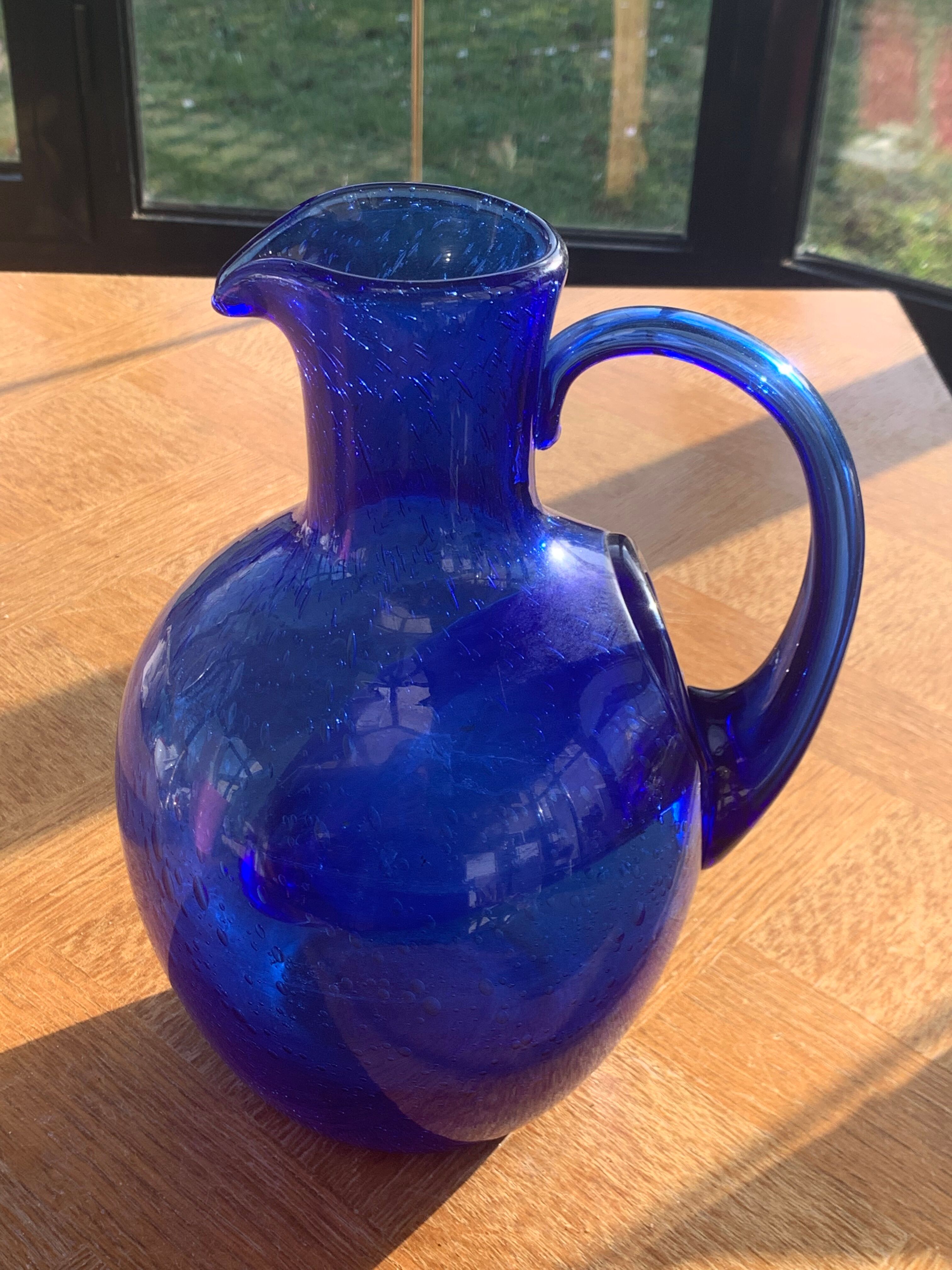 Blue blown glass ice decanter from vintage biot glassware