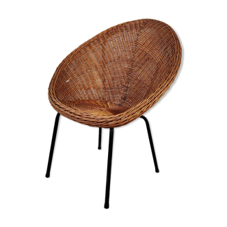 Fauteuil corbeille vintage en osier et metal, années 60/70