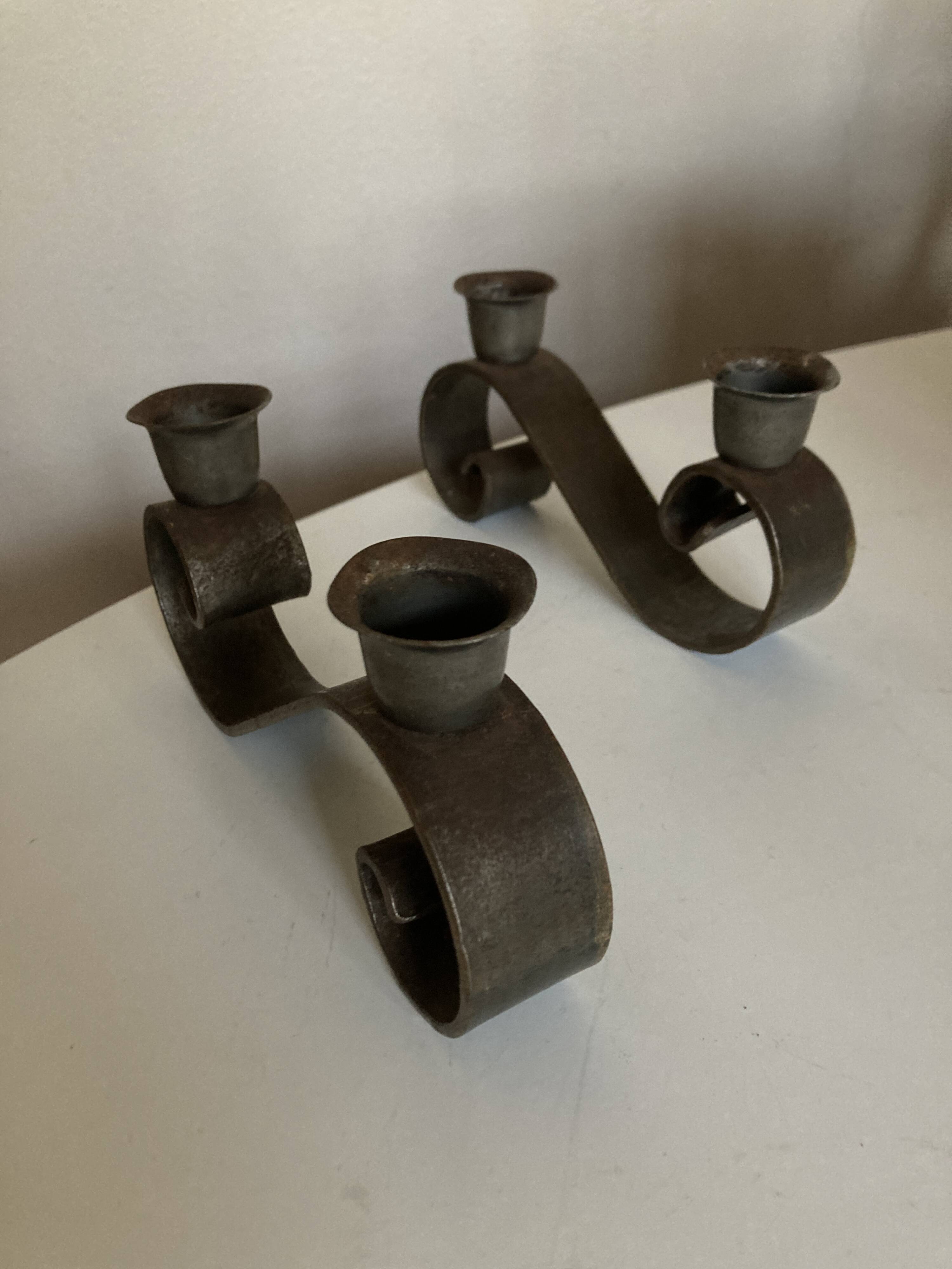 Pair of corrugated wrought iron candlesticks 1950