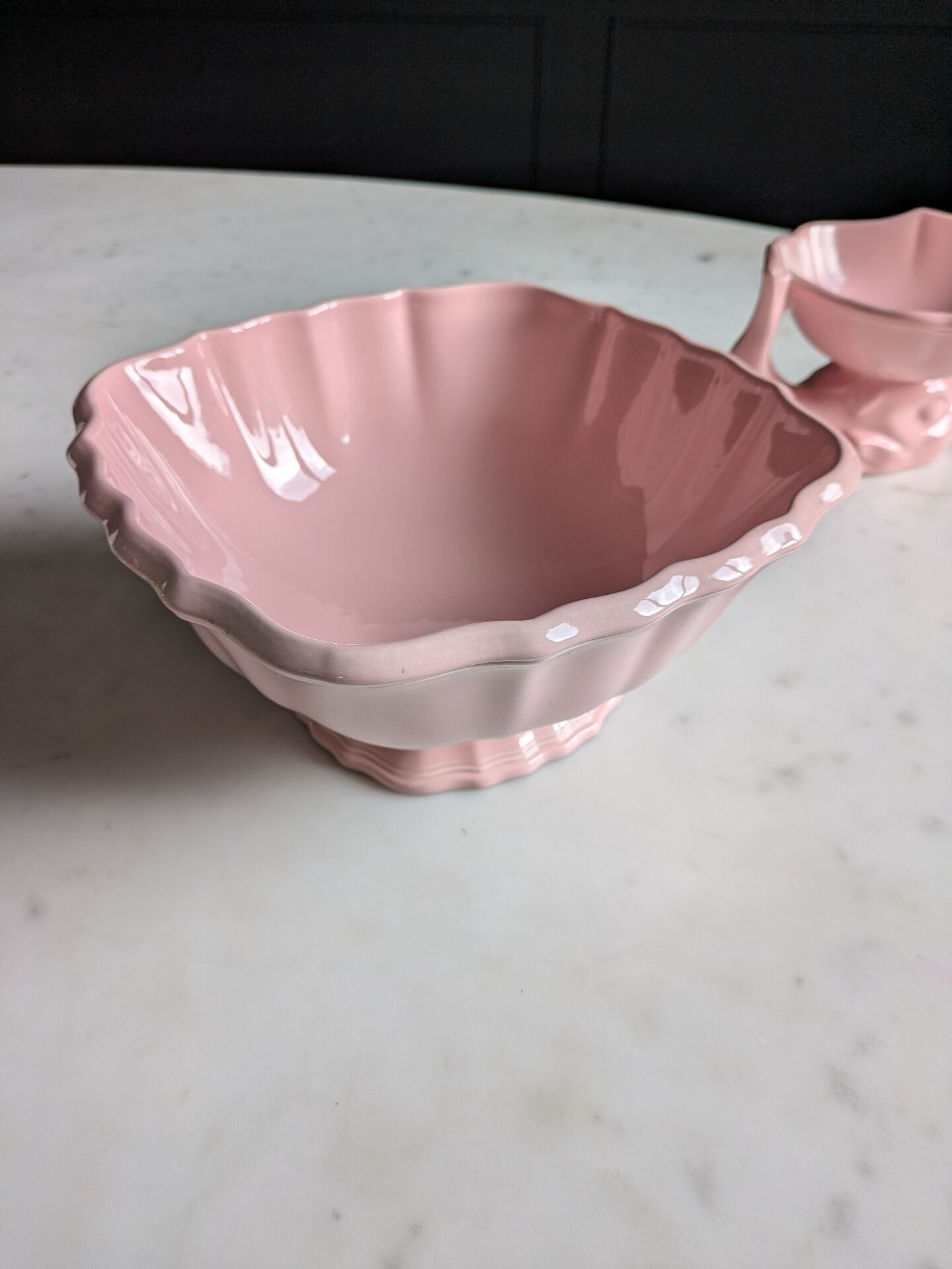 Vintage powder pink earthenware duo. Salins les Bains. 1950s.