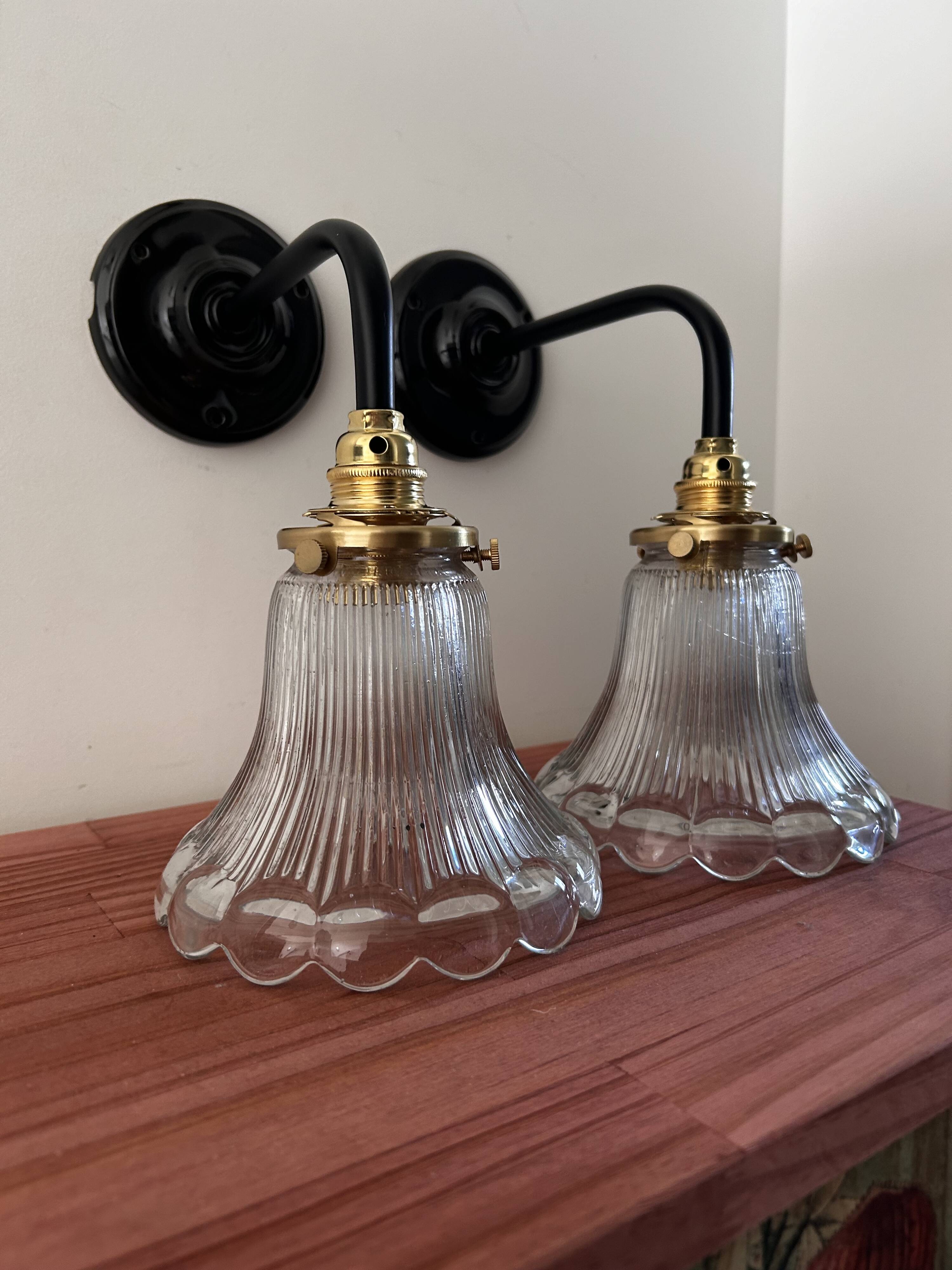 Pair of holophane glass wall lights