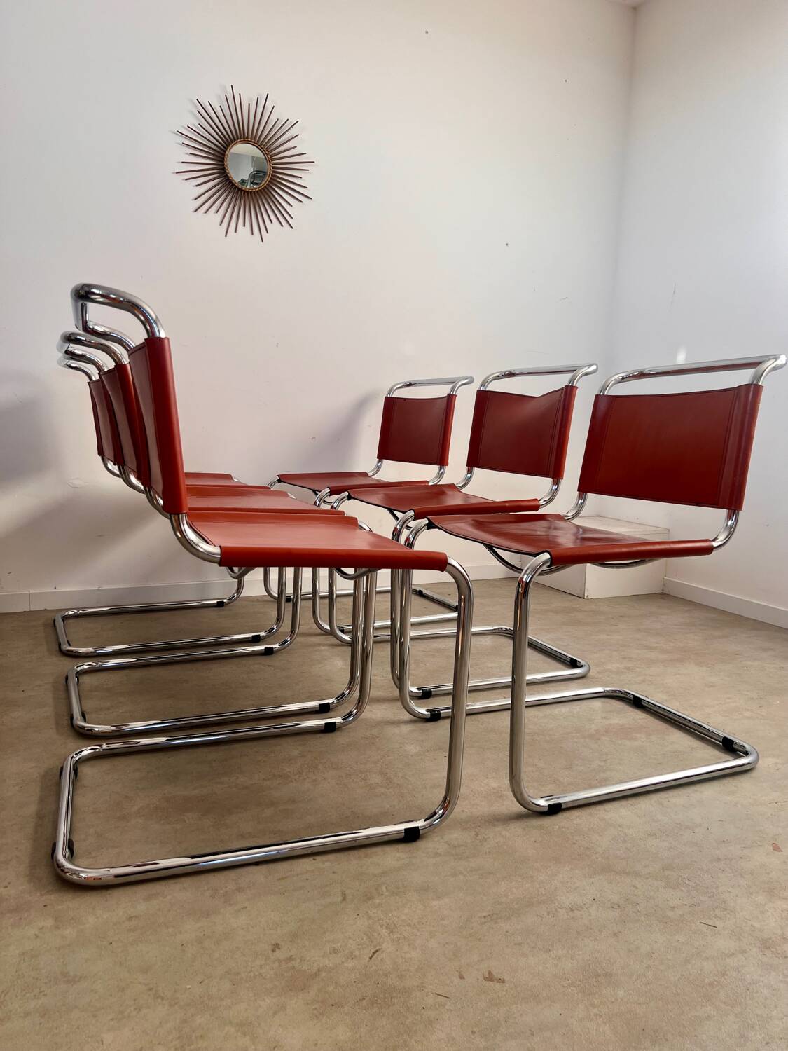 Lot 6 tubular chairs S33 design Mart Stam vintage cognac leather from the 70s