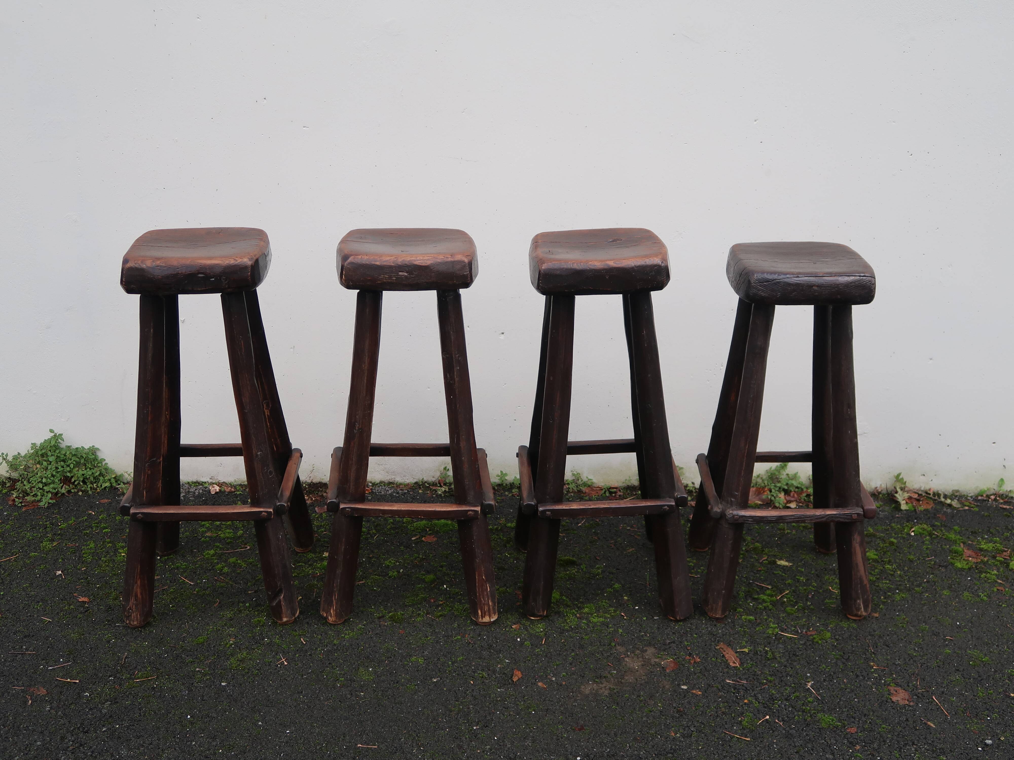 4 vintage brutalist solid wood bar stools