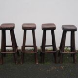 4 vintage brutalist solid wood bar stools