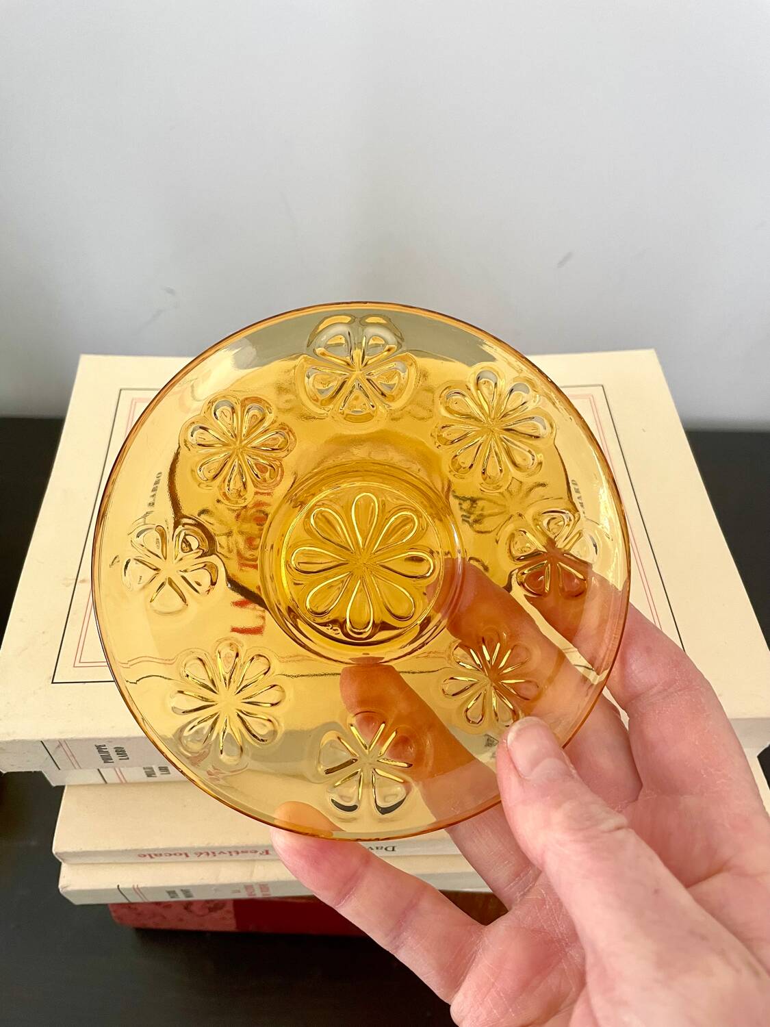 Set of two vintage cups and saucers 70s amber glass flowers