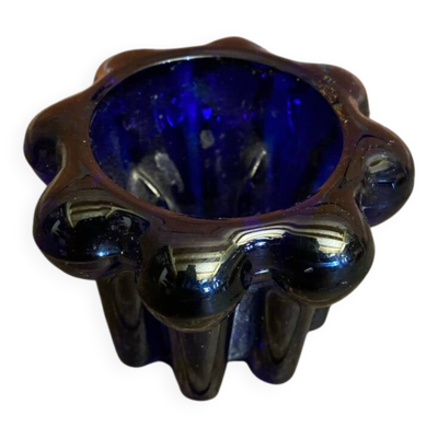 Bougeoir Ancien Design Verre Moulé Bleu Cobalt Années 70 France Vintag