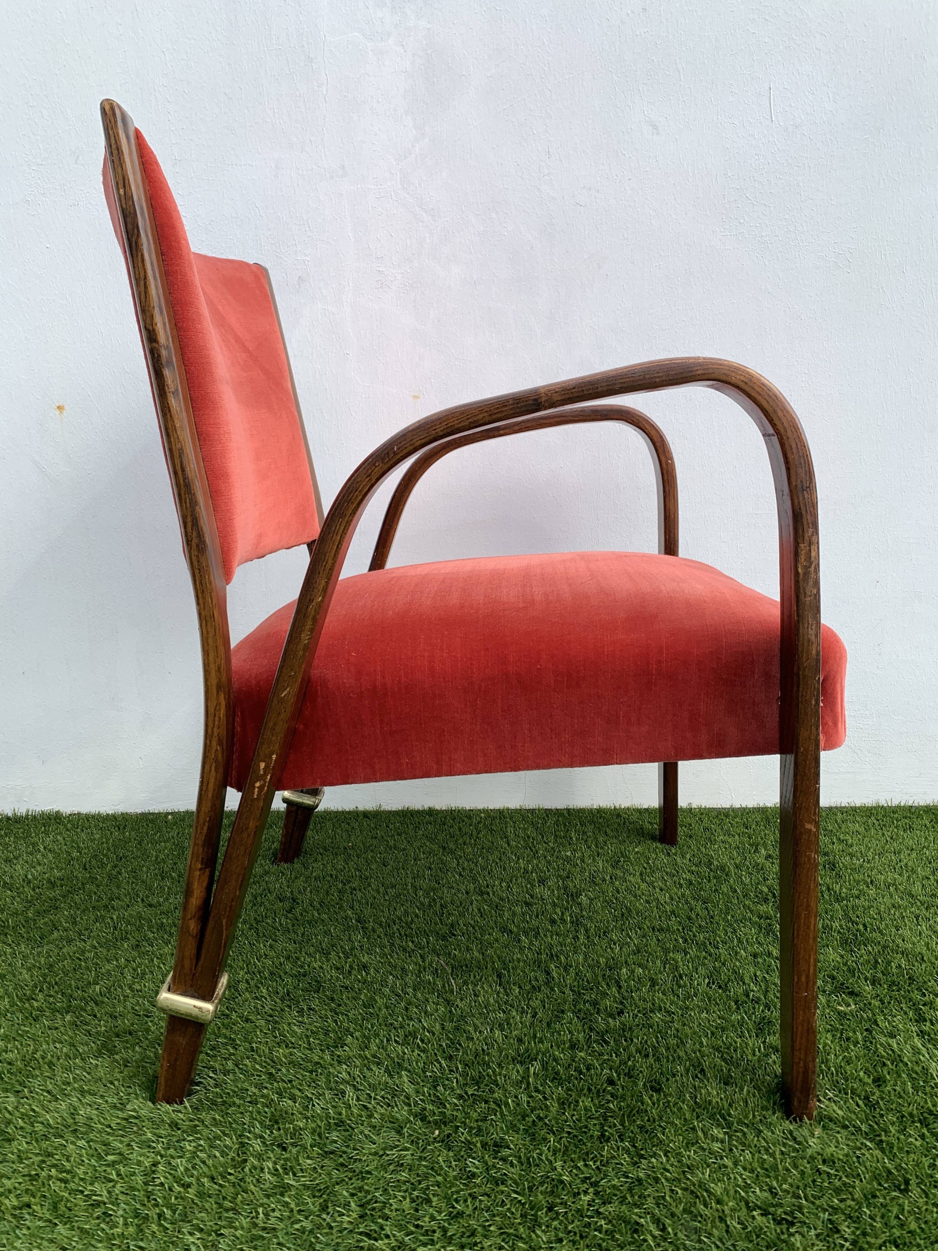 Hugues Steiner armchair, bow-wood model, curved wood and velvet, 1950