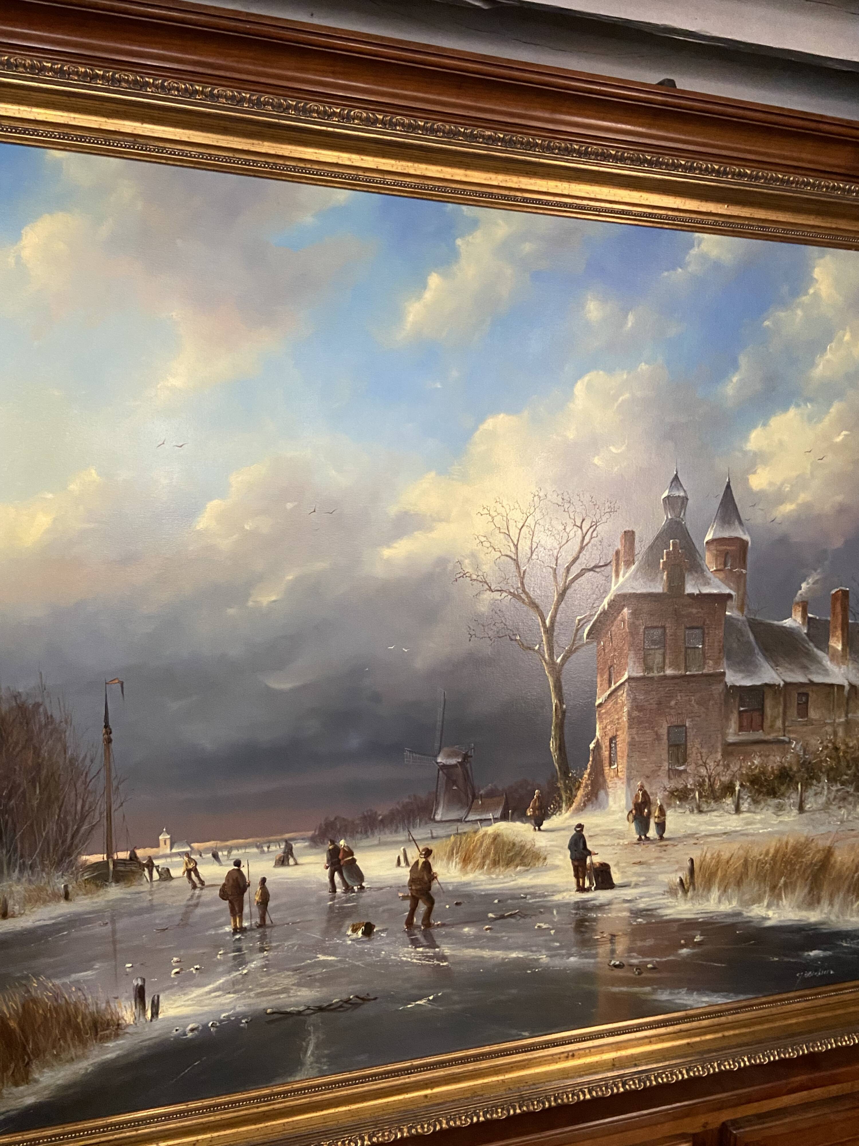 Huge oil painting on canvas Dutch school winter landscape 164x132