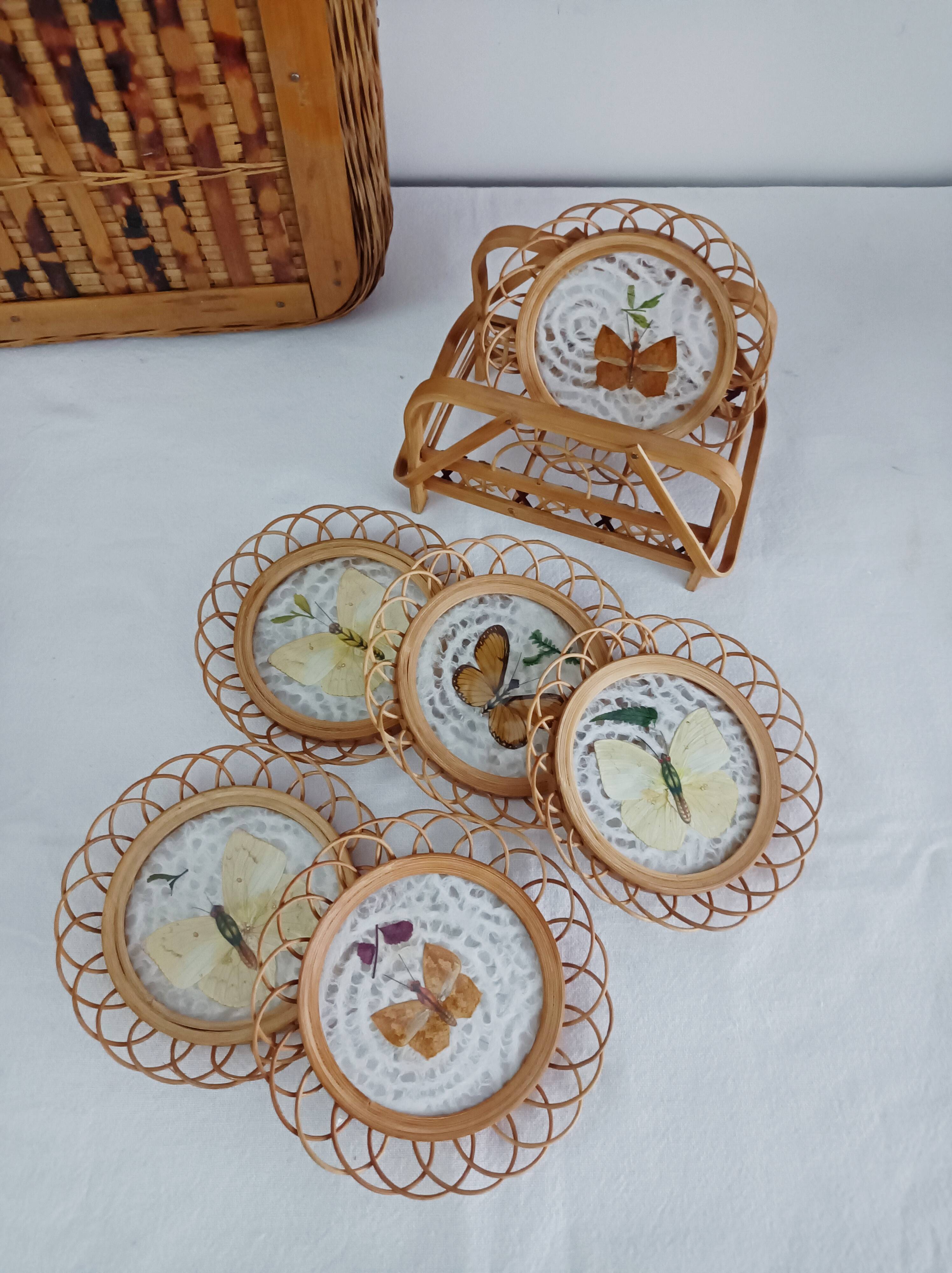 Set of 6 butterfly wicker coasters