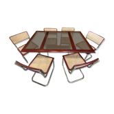 6 chaises et table en bois et cannage