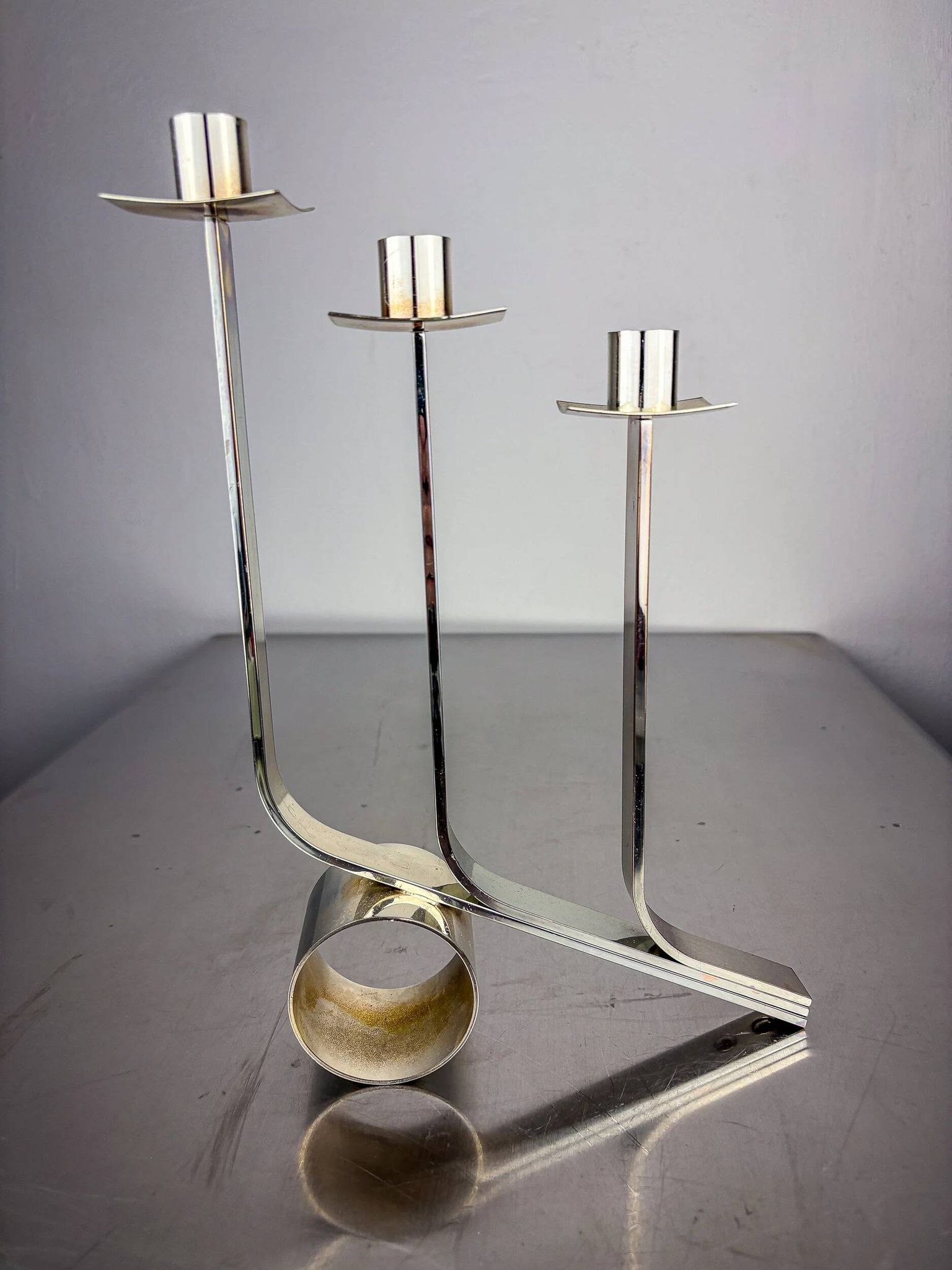 Art Deco 3-flame candelabra in stainless steel, France