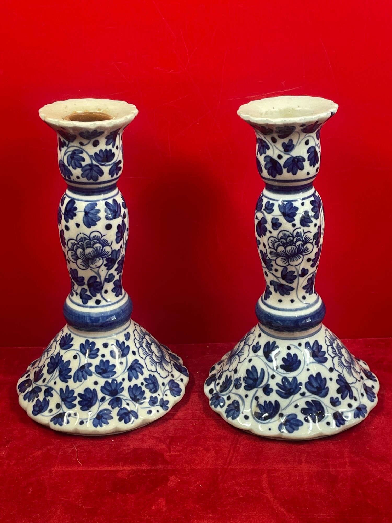 Pair of blue and white candle holders