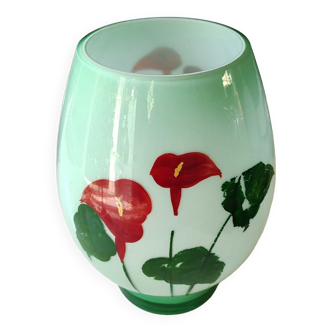 Vase in opaline crystal, red arum flowers. Vintage