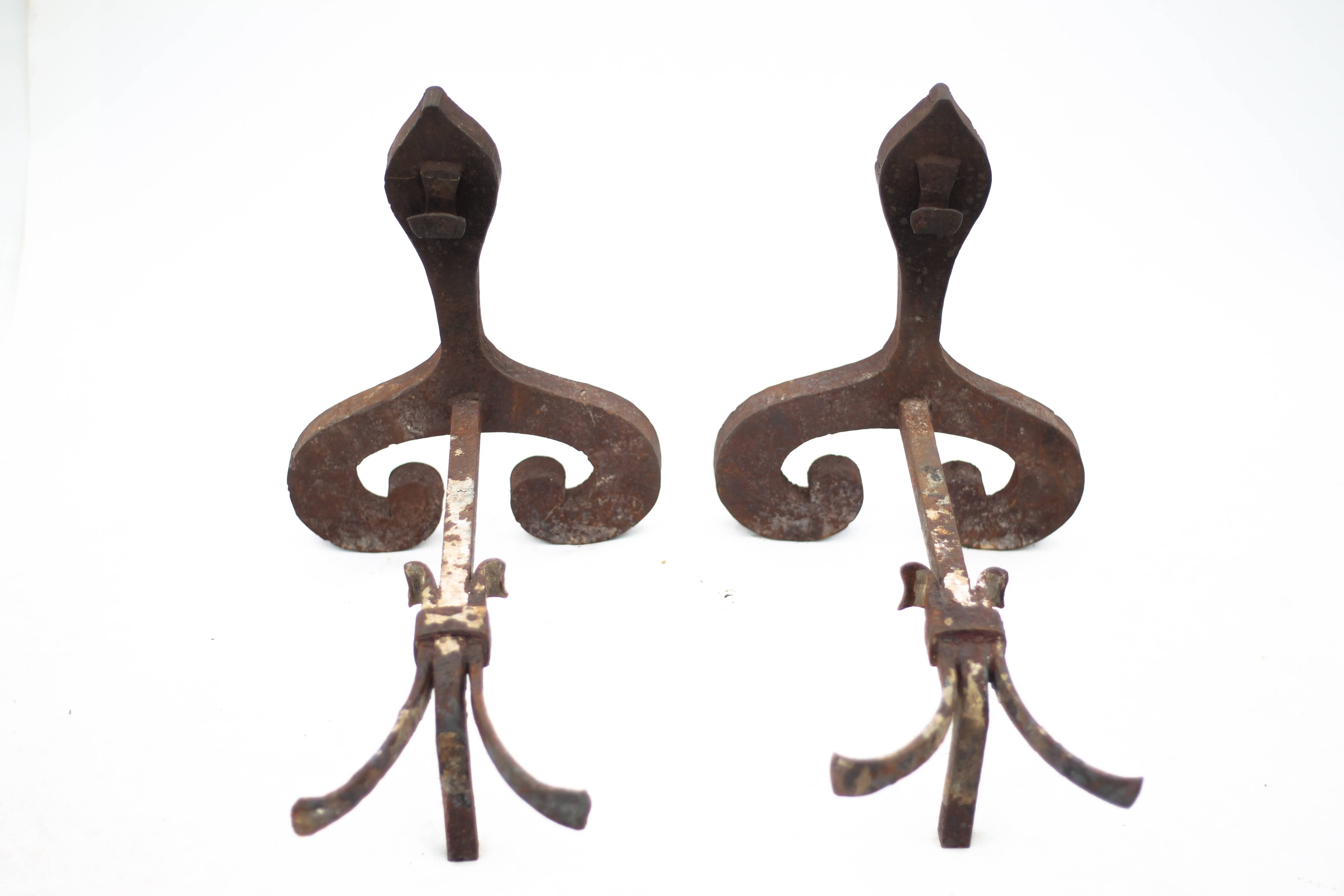 Vintage chenets, pair of brutalist chenets, fireplace accessory.