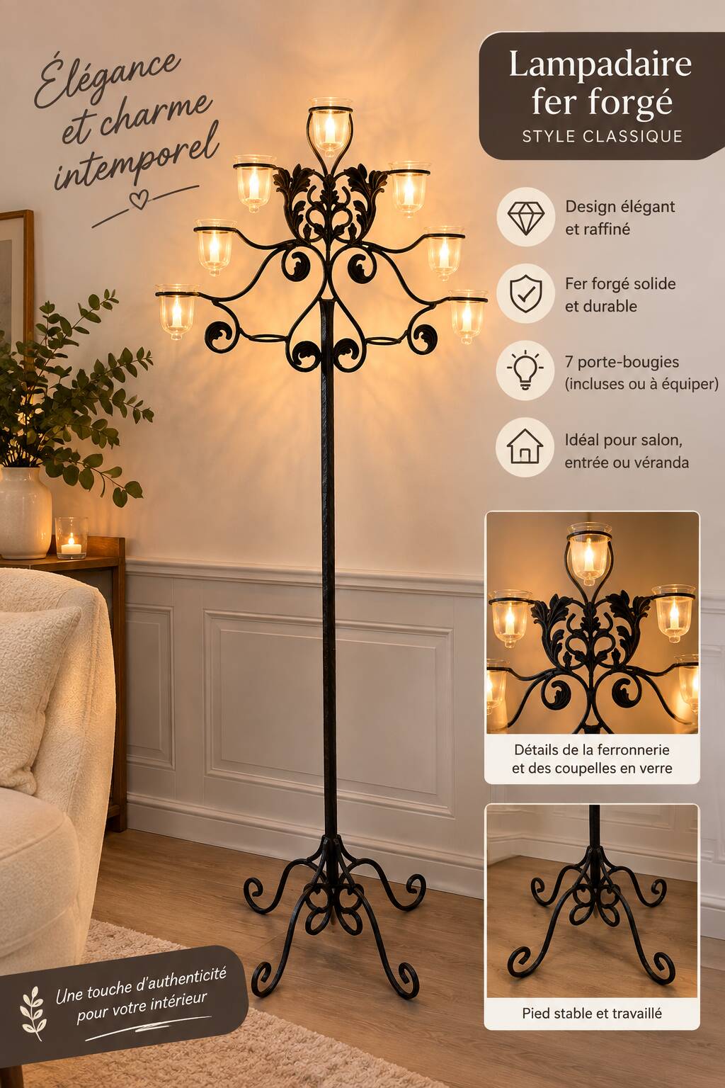 Large black wrought iron floor candelabrum (H150 cm) – Classic & Roman style