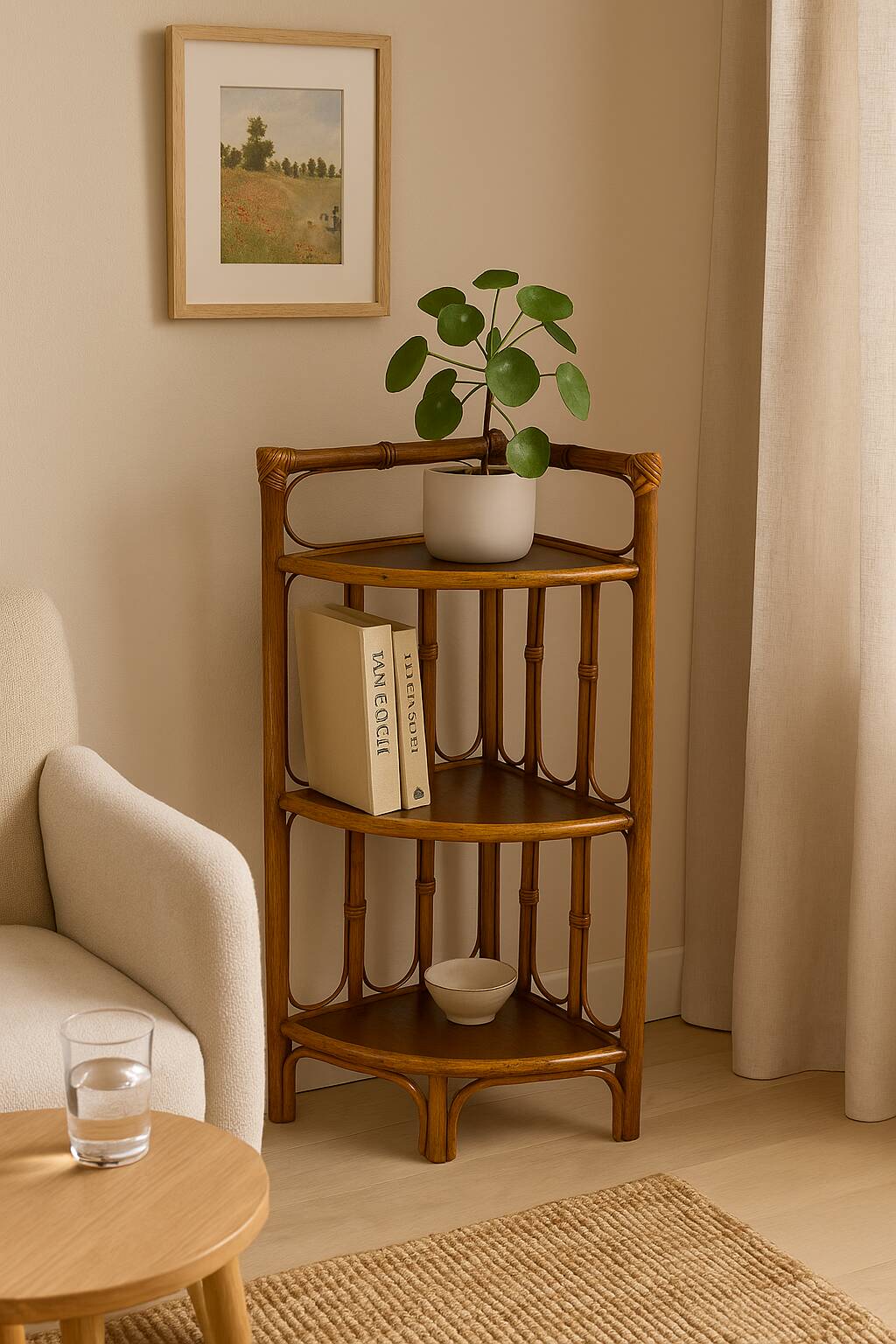 Vintage Bamboo and Wood Corner Shelf - 3 Tiers
