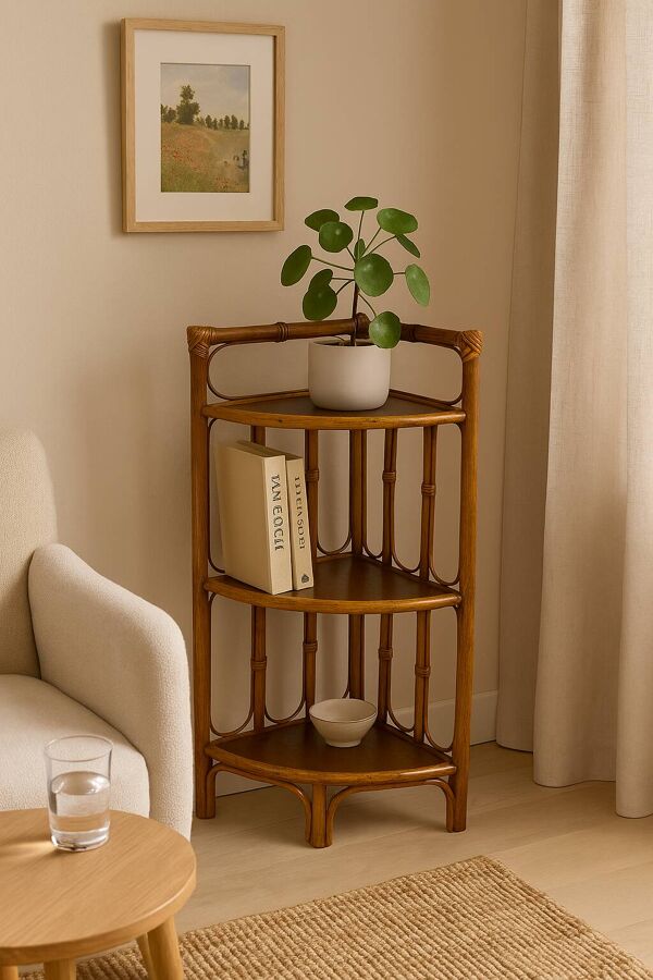 Étagère d’angle en bambou et bois vintage – 3 niveaux